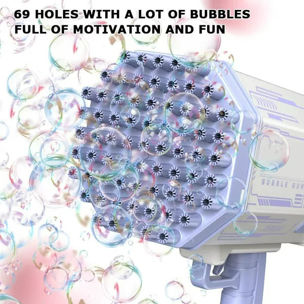 Bubble Machine Gun with 69 Holes and Colorful Lights, Super Big TIK Tok Electric Automatic Bubble Maker Machine for Kids Adults Summer Outdoor Party Activity (Purple)