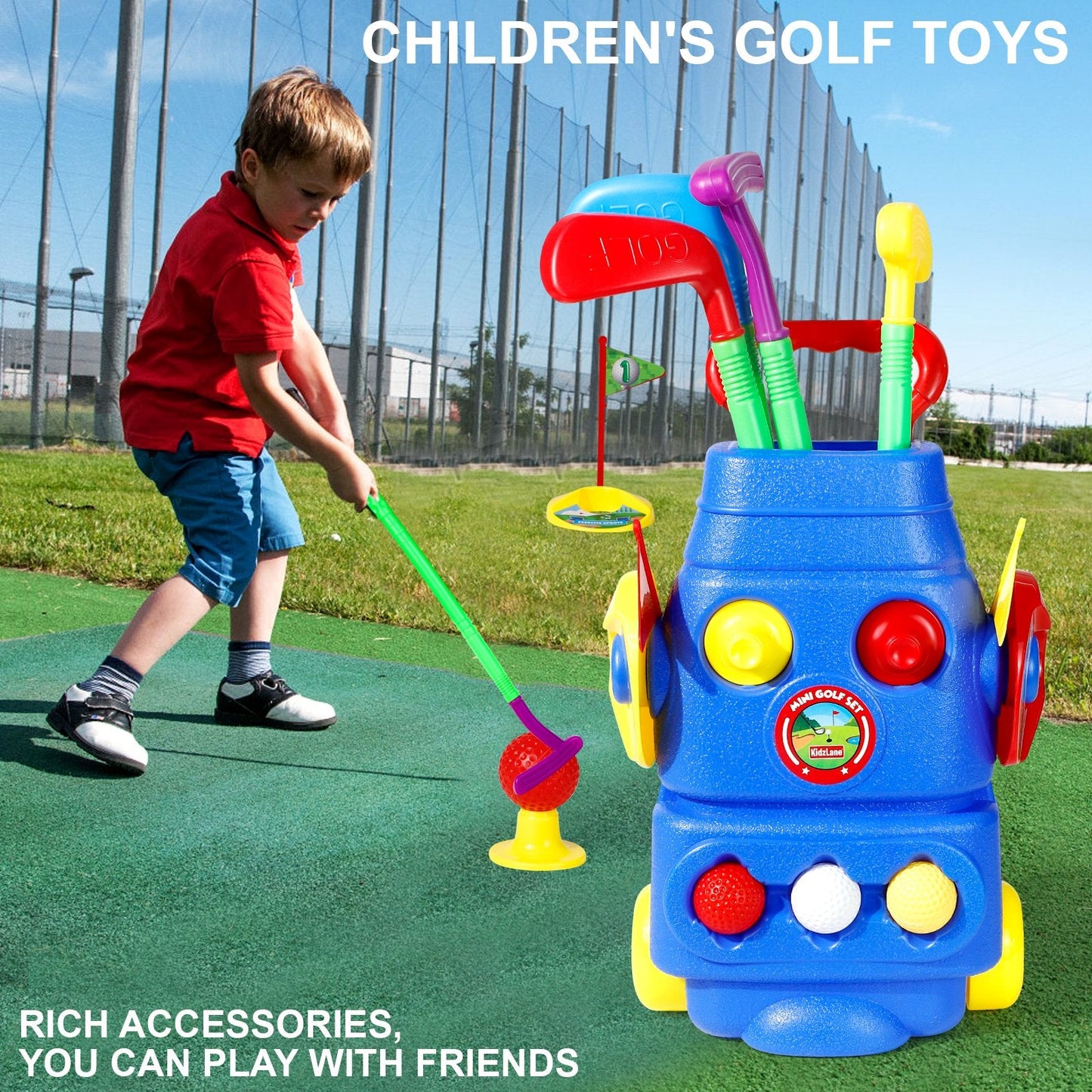 Kids Toy Golf Clubs Set Young Golfer Sports Kit with Cart 3 Balls 2 Practice Holes Flags & 2 Golf Tees Toddler Golf Sports Outdoors Indoors Exercise Toys for Boys & Girls