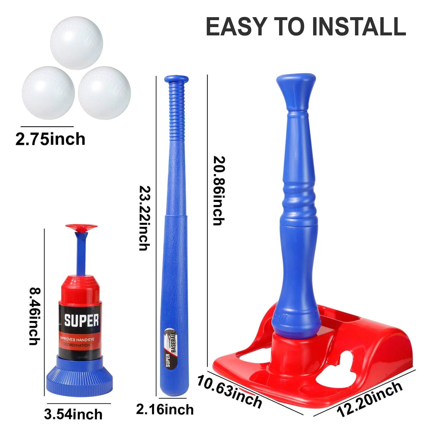 Kids Baseball Tee Game T-ball Set Trainer for Toddlers Ages 3-8 Years Includes 4 Balls, Teeball Batting Tee, Pitching Machine, Youth Outdoor Sports Toy Games Boys & Girls